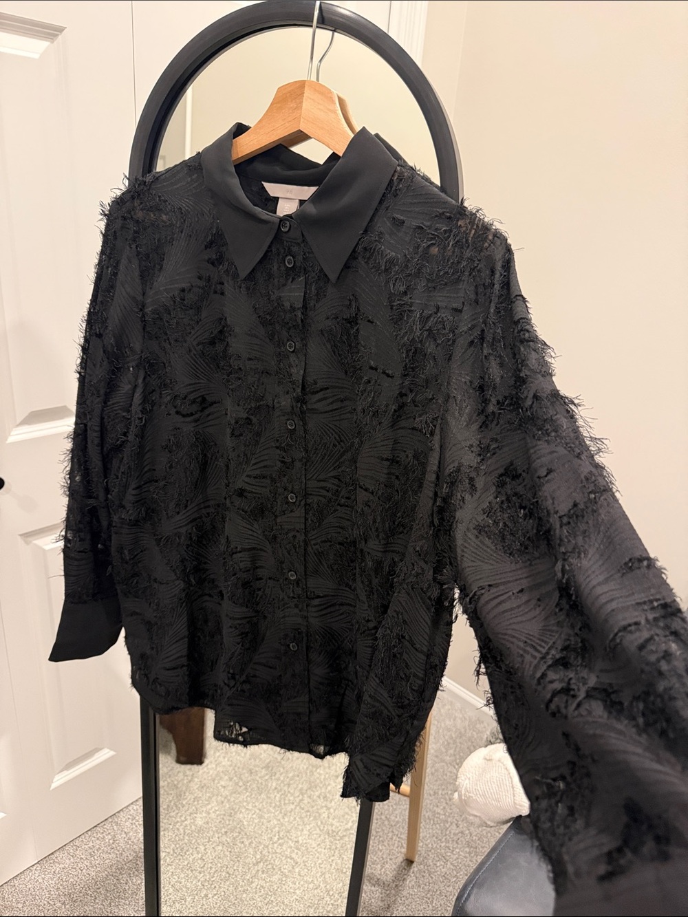 H&M Black Textured Fringe Button-Up Shirt
